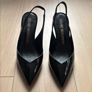 Stuart Weitzman Eva 75 Slingback Pump. Patent Black Leather. Size 10